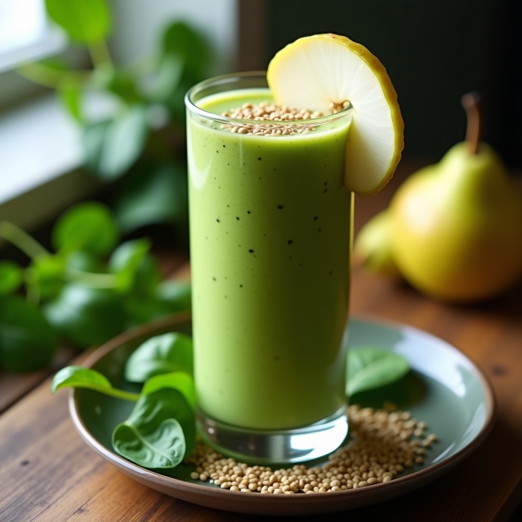 Vaso alto transparente con smoothie verde cremoso de pera, espinacas y semillas de cáñamo, decorado con semillas de cáñamo espolvoreadas y una rodaja de pera al lado, sobre un fondo de madera rústica con hojas de espinacas frescas.