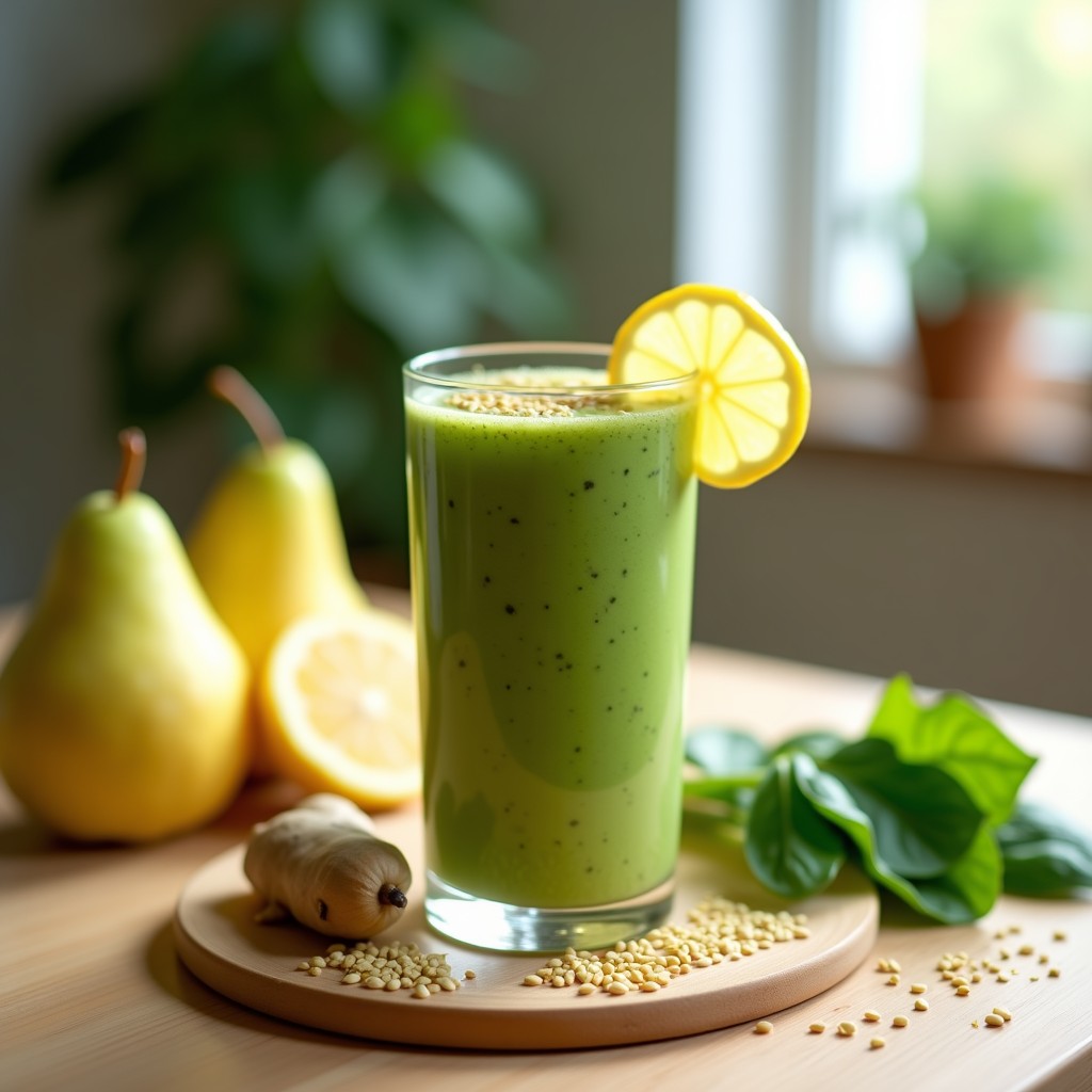 Vaso alto de cristal con smoothie verde vibrante de pera, jengibre, espinacas y limón, decorado con una rodaja de limón y semillas de lino dorado en la superficie. Fondo blanco con hojas de espinaca frescas y un trozo de jengibre a un lado. Bebida detox y digestiva lista para servir.