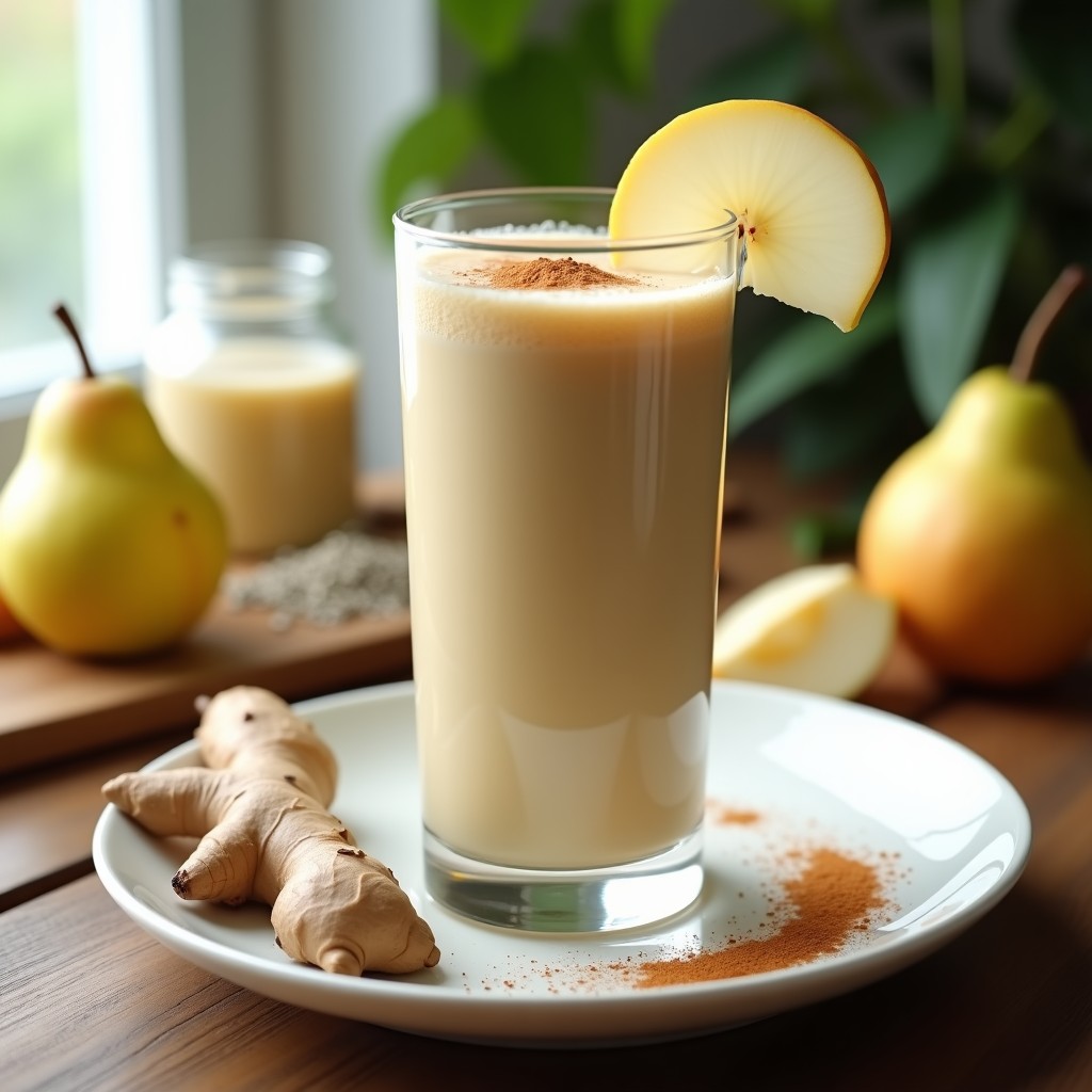 Vaso alto transparente con smoothie de pera, jengibre y kéfir de agua, de color beige claro con burbujas finas, decorado con rodaja de pera y pizca de canela en polvo. Fondo con ingredientes frescos: pera Bartlett, trozo de jengibre y semillas de chía.