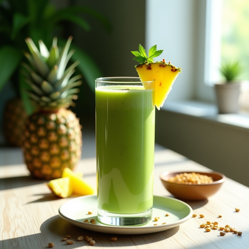 Vaso alto transparente con smoothie verde vibrante de perejil, piña y aloe vera, decorado con una rodaja de piña y una ramita de perejil fresco sobre fondo de madera clara, bebida desintoxicante para la piel.