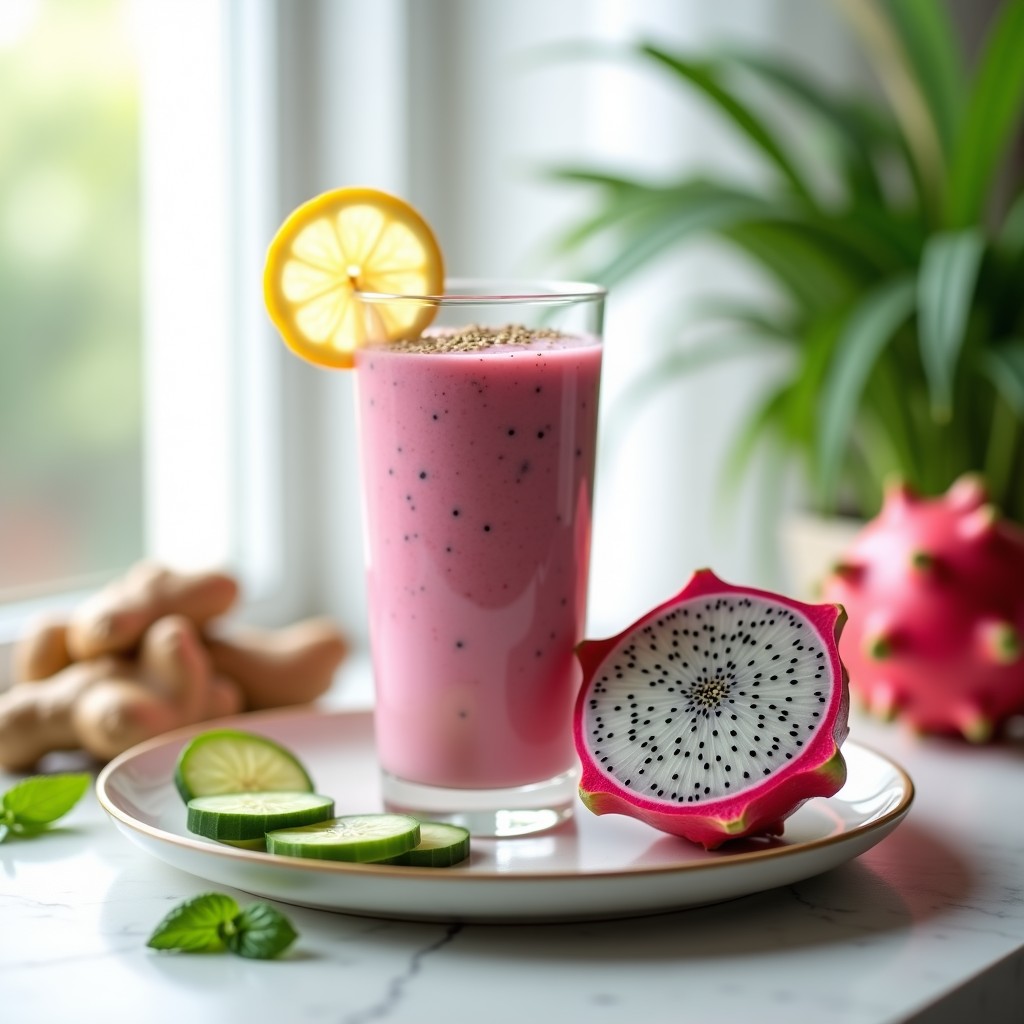 Vaso alto transparente con smoothie de pitahaya y pepino con jengibre, de color blanco rosáceo, decorado con semillas de chía y una rodaja de limón al borde. Fondo claro con ingredientes frescos dispersos: pitahaya cortada, pepino en rodajas, jengibre rallado y hojas de menta. Bebida detox y baja en calorías lista para servir.