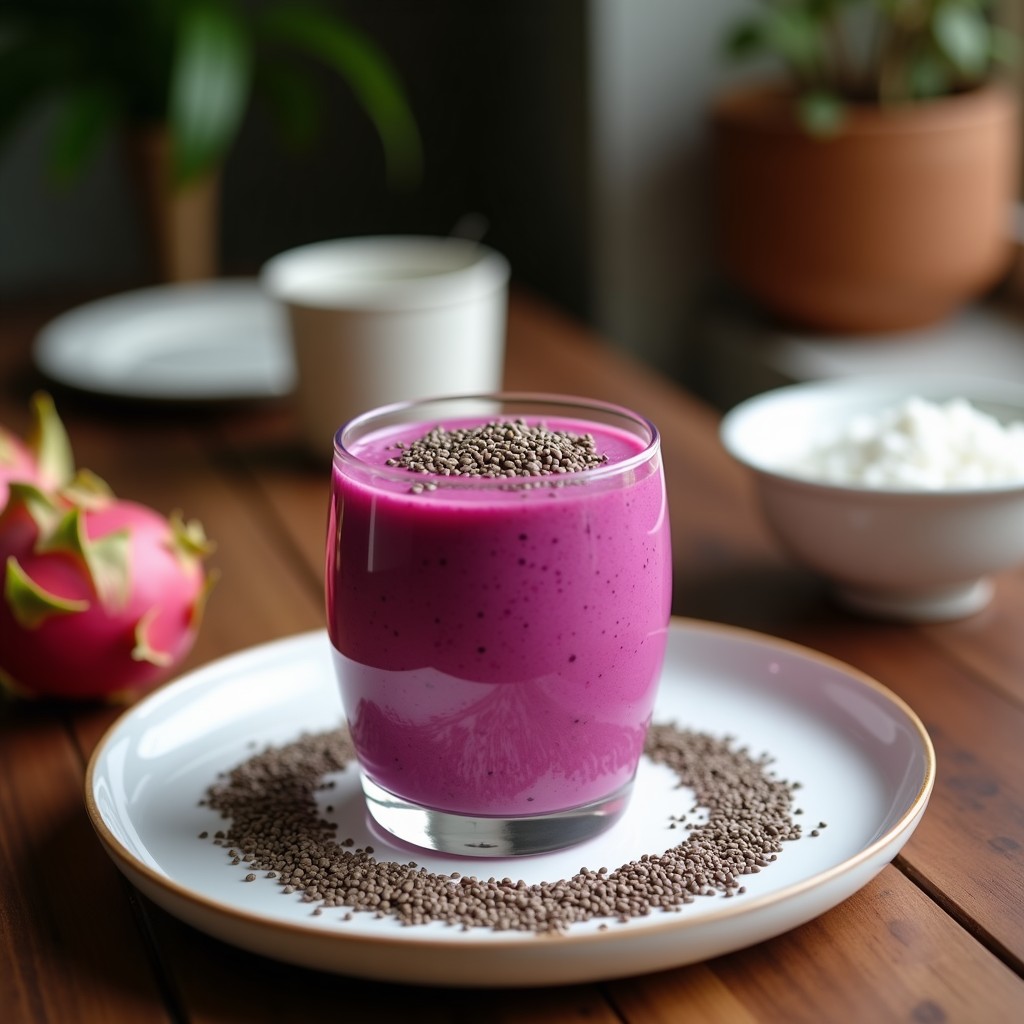 Vaso alto de cristal con smoothie rosa vibrante de pitaya y coco, coronado con coco rallado y hojas de menta fresca. Textura cremosa con semillas de chía visibles. Fondo con ingredientes dispersos: pitaya cortada, coco fresco y limón en rodajas.