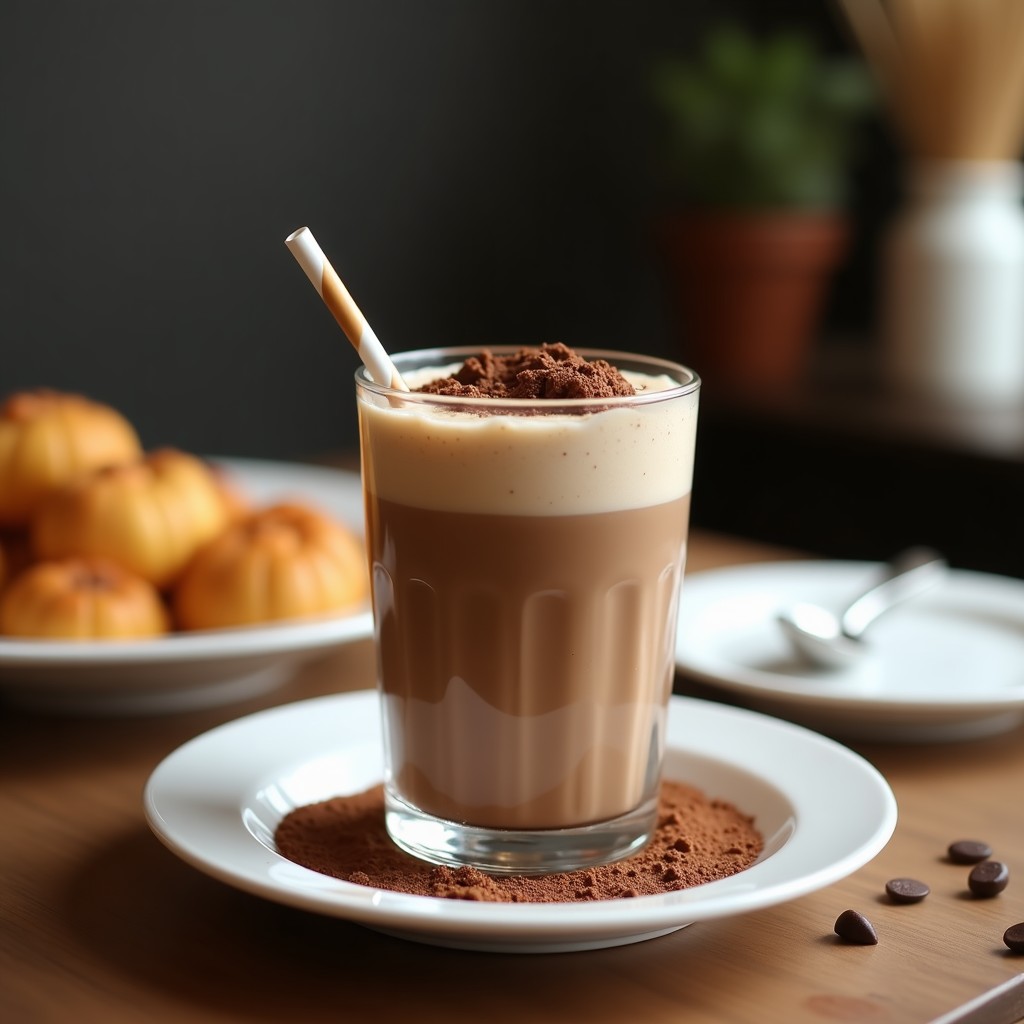 Vaso alto de cristal con smoothie proteico de café y cacao, espumoso y cremoso, decorado con semillas de chía y cacao en polvo, sobre una mesa de madera rústica con granos de café y una cuchara de madera.