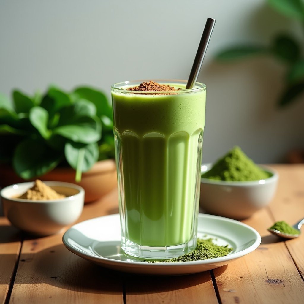 Vaso alto de cristal con smoothie verde cremoso de proteína de vanilla, espirulina y espinacas, decorado con semillas de lino y una rodaja de limón al lado. Bebida keto para deporte en fondo claro.