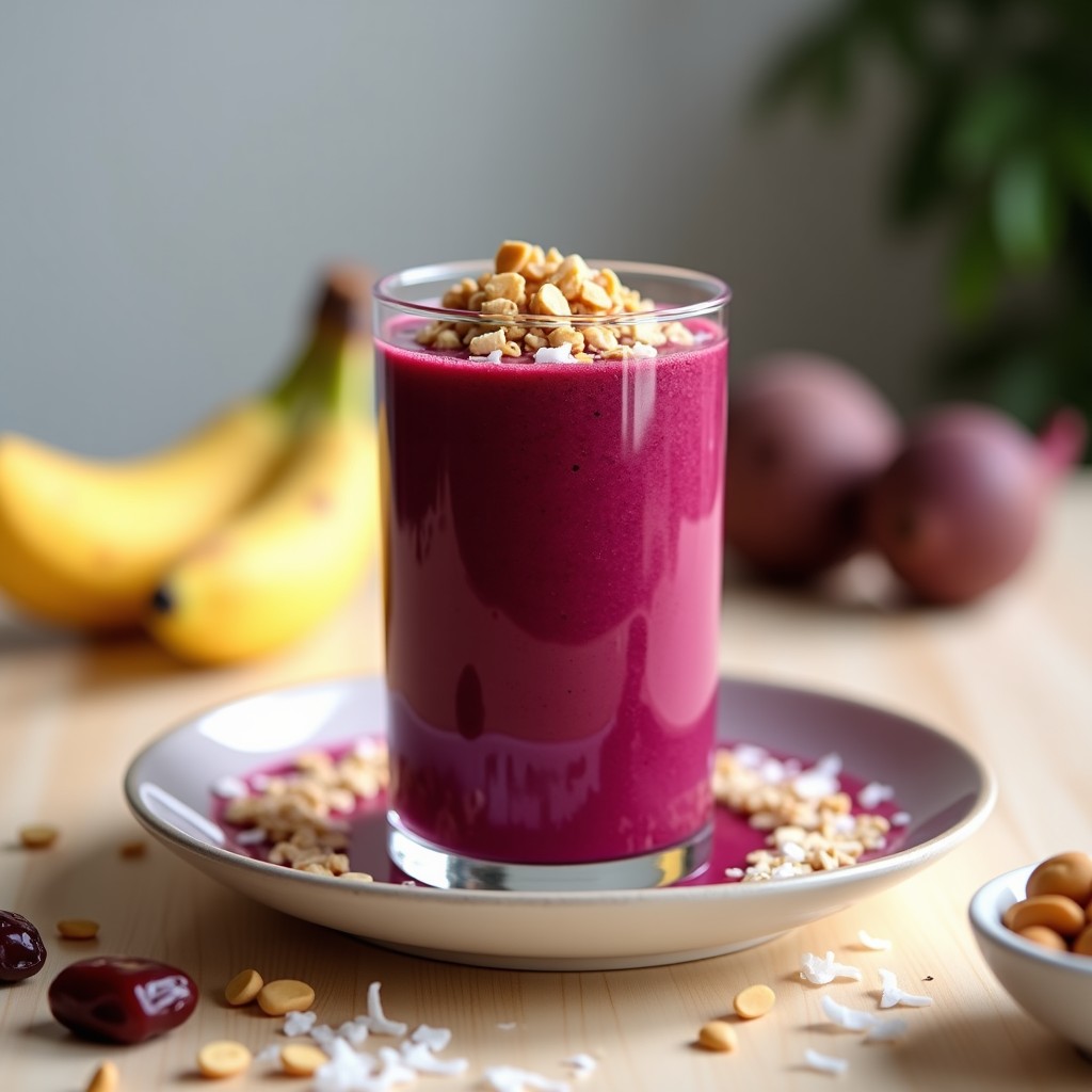 Vaso transparente con smoothie de remolacha y cacahuete de color rosa intenso, coronado con granola crujiente y una pizca de canela. Fondo rústico con ingredientes dispersos: remolacha cruda, cacahuetes y plátano.