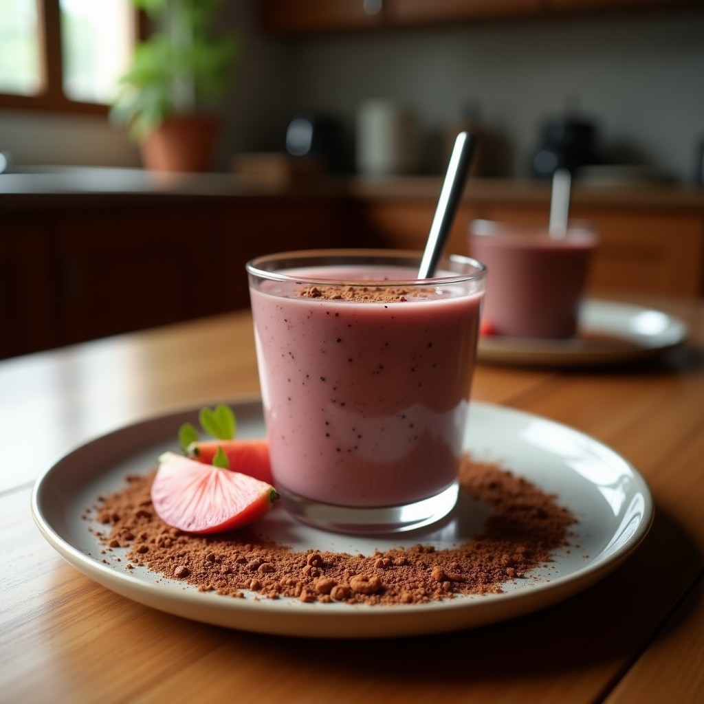 Vaso alto transparente con smoothie de remolacha y cacao de color morado oscuro, espuma cremosa en la superficie, decorado con semillas de calabaza tostadas y un toque de cacao en polvo. Fondo con ingredientes: remolacha cruda, plátano, cucharada de cacao y semillas. Bebida energizante y alta en magnesio para el deporte.
