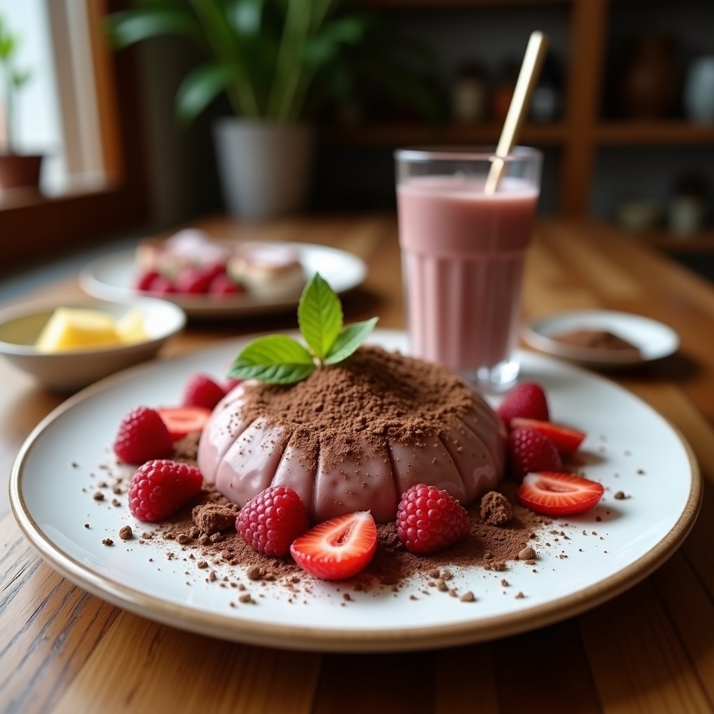 Vaso alto de cristal con smoothie de remolacha y cacao, color morado intenso con espuma cremosa, decorado con semillas de chía y cacao en polvo, fondo de encimera rústica con ingredientes alrededor.