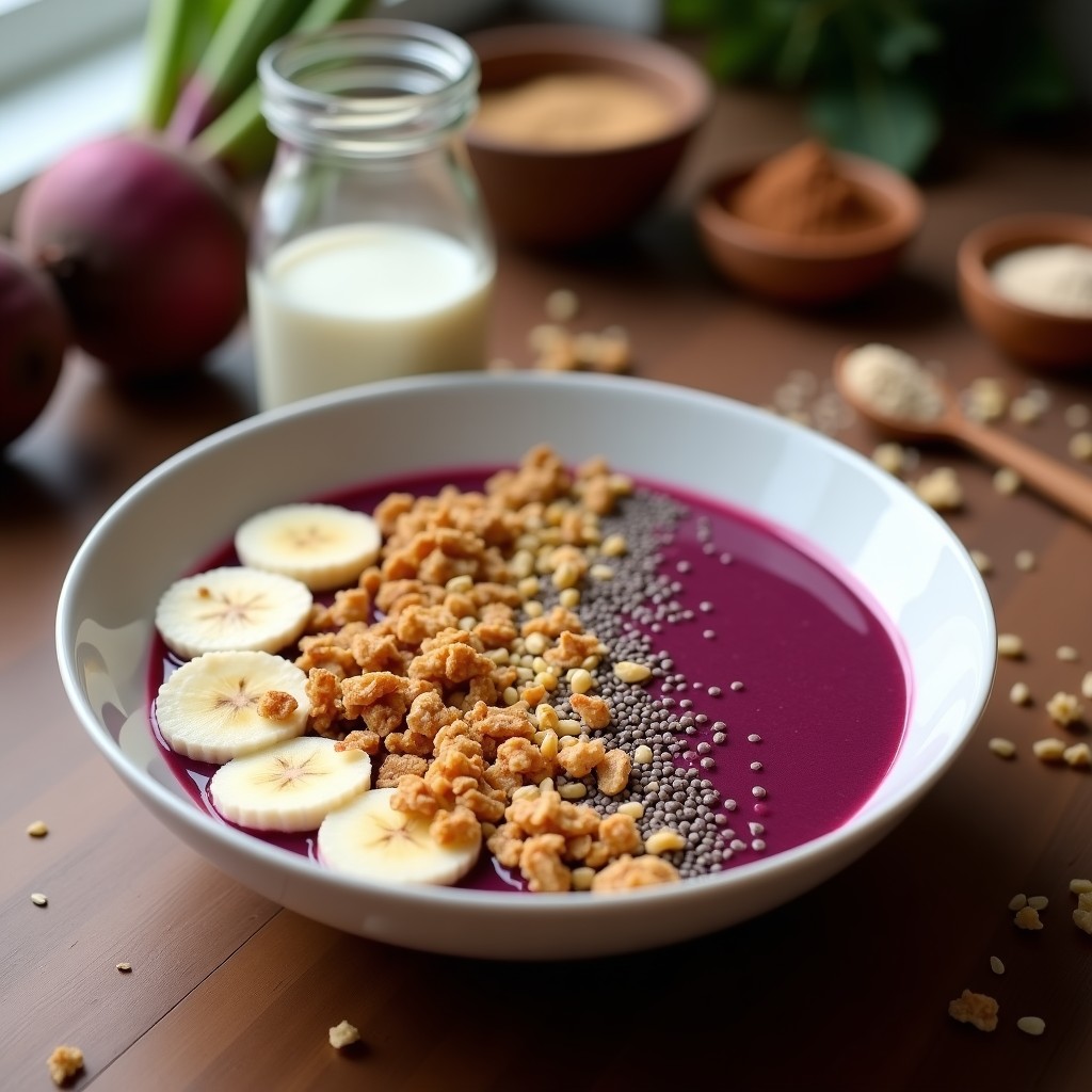 Smoothie de Remolacha y Cacao con Toppings de Granola de Quinoa: Desayuno Vegano Energético