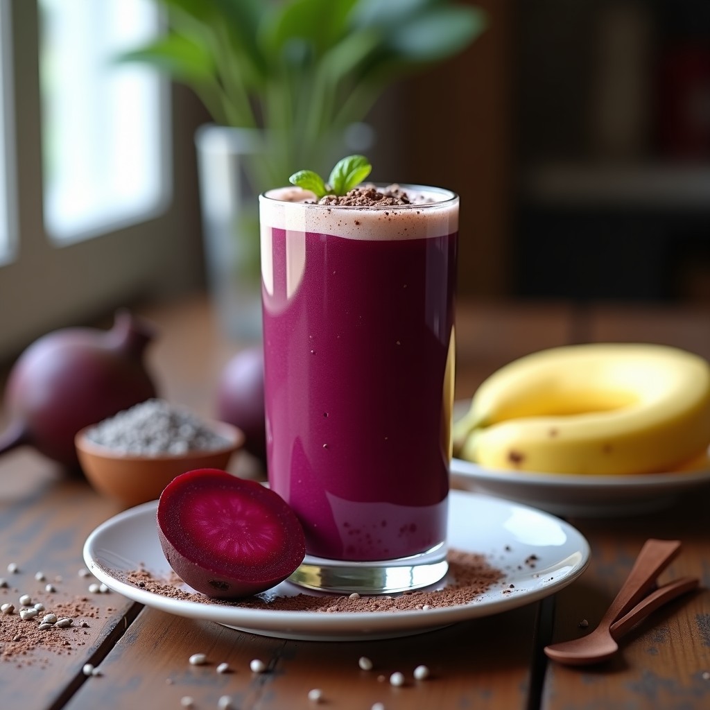 Vaso alto de cristal con Smoothie de Remolacha y Cacao Puro, bebida vegan detox de color morado oscuro con espuma cremosa en la superficie, decorado con una pizca de cacao en polvo y semillas de chía. Fondo con ingredientes naturales como remolacha cruda, plátano y cucharada de cacao.
