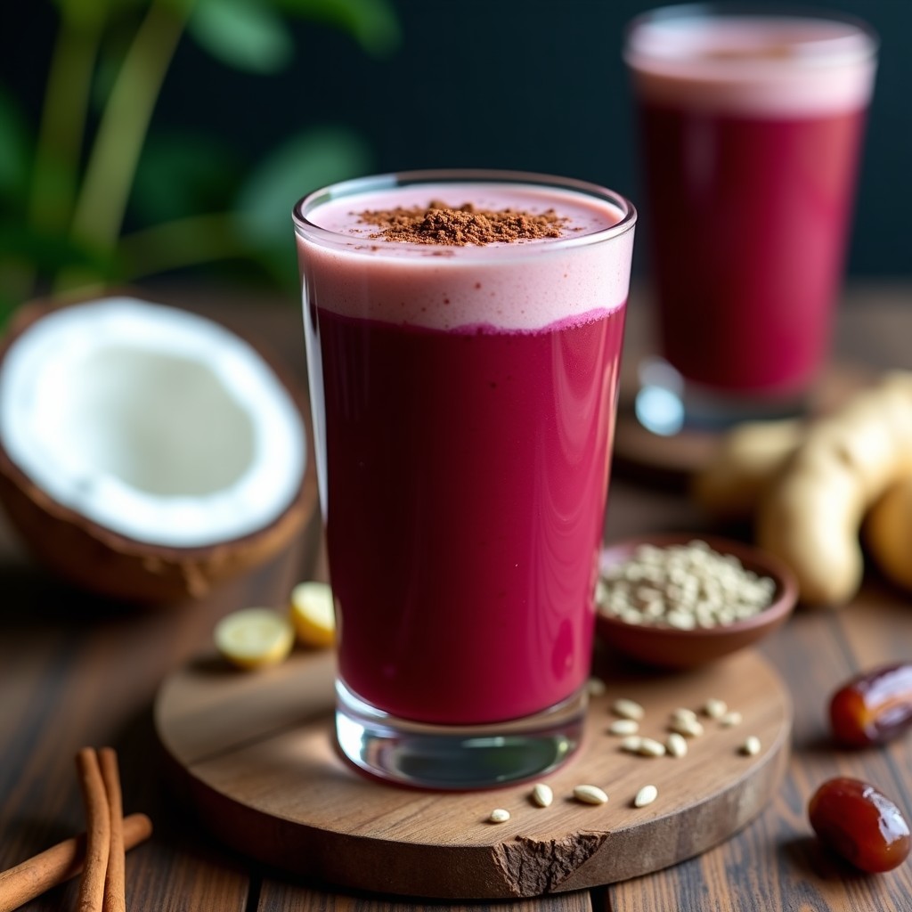 Vaso alto transparente con smoothie de remolacha y cacao vegano, color rojo intenso con espuma cremosa, decorado con semillas de cáñamo y cacao en polvo, sobre fondo de madera rústica con ingredientes dispersos.