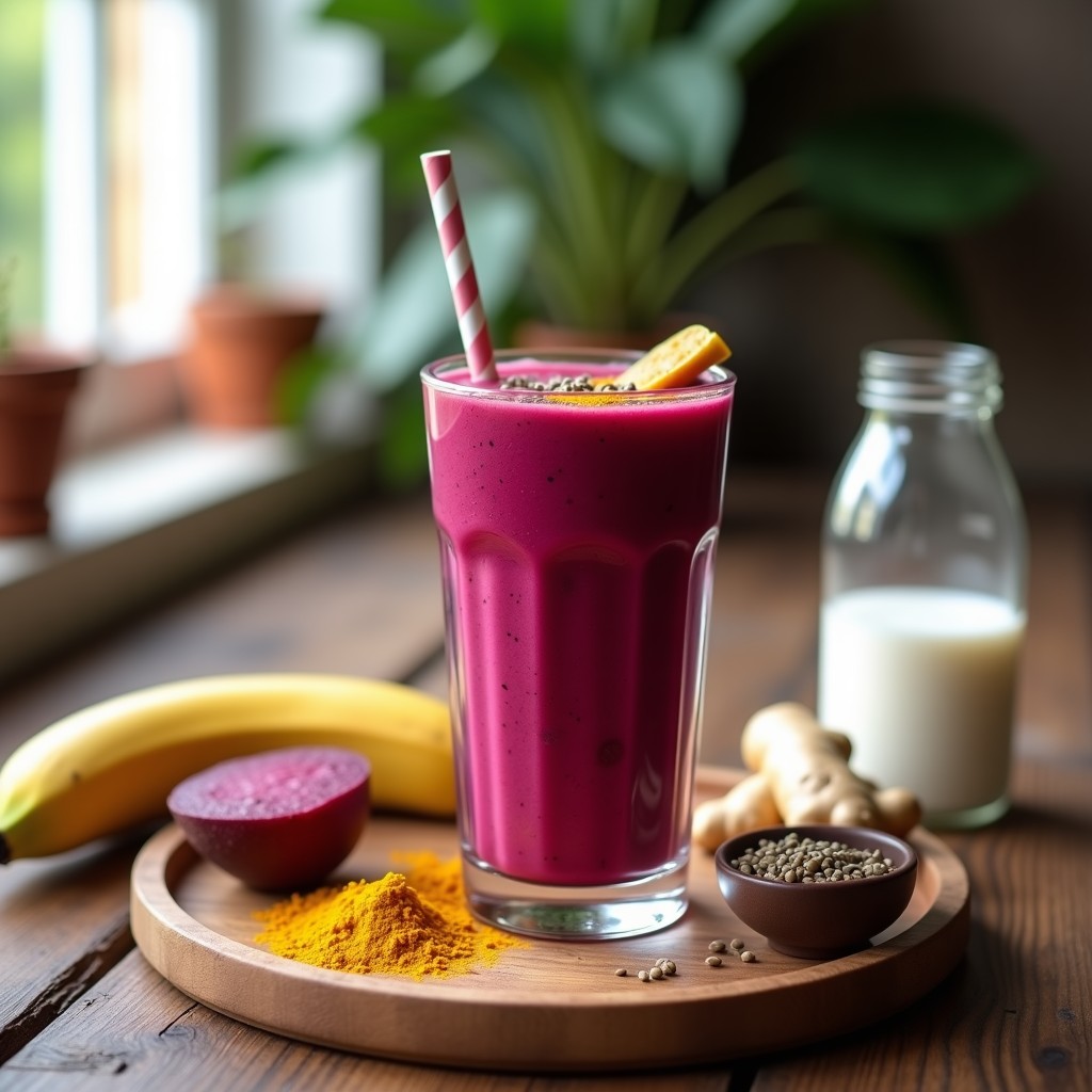 Vaso alto transparente con smoothie de remolacha y cúrcuma antiinflamatorio, color rosa intenso coronado con semillas de chía y una pizca de cúrcuma en polvo, sobre fondo de madera rústica con ingredientes frescos alrededor.
