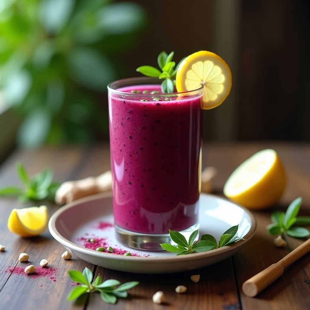 Vaso alto de cristal con smoothie de remolacha y fenogreco con jengibre, bebida ayurvédica para la digestión, de color morado intenso con espuma ligera en la superficie, decorado con una rodaja de limón y hojas frescas de fenogreco. Fondo de madera rústica con semillas de comino negro esparcidas.
