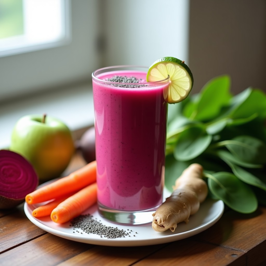 Vaso alto transparente con smoothie de remolacha y jengibre antiinflamatorio, de color rosa intenso, decorado con semillas de chía y una rodaja de limón al borde. Fondo de encimera de madera con ingredientes frescos: remolacha, jengibre y espinacas.