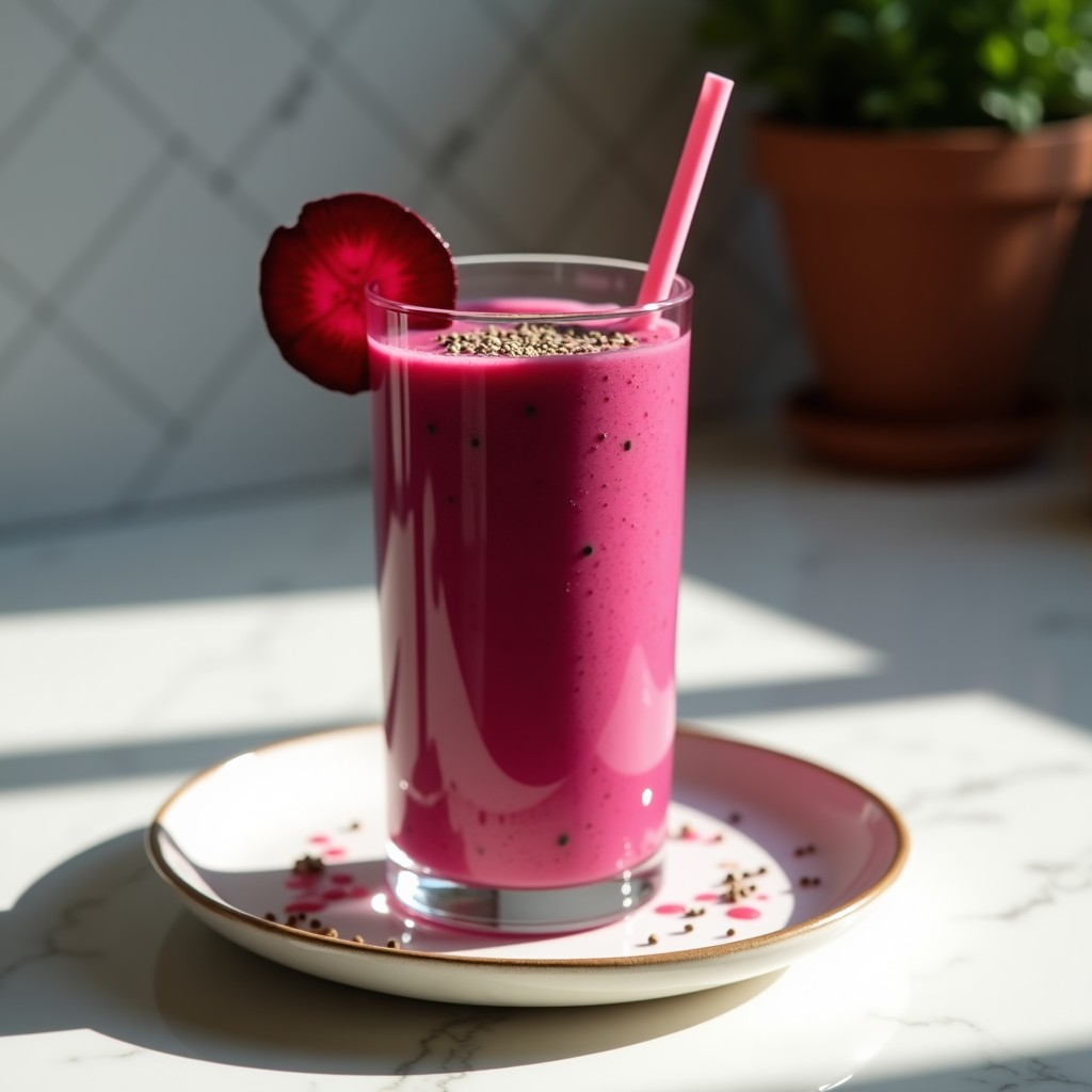 Vaso alto transparente con smoothie de remolacha y jengibre, color rosa intenso, decorado con semillas de chía y una rodaja de remolacha cruda en el borde, fondo blanco con gotas de condensación.