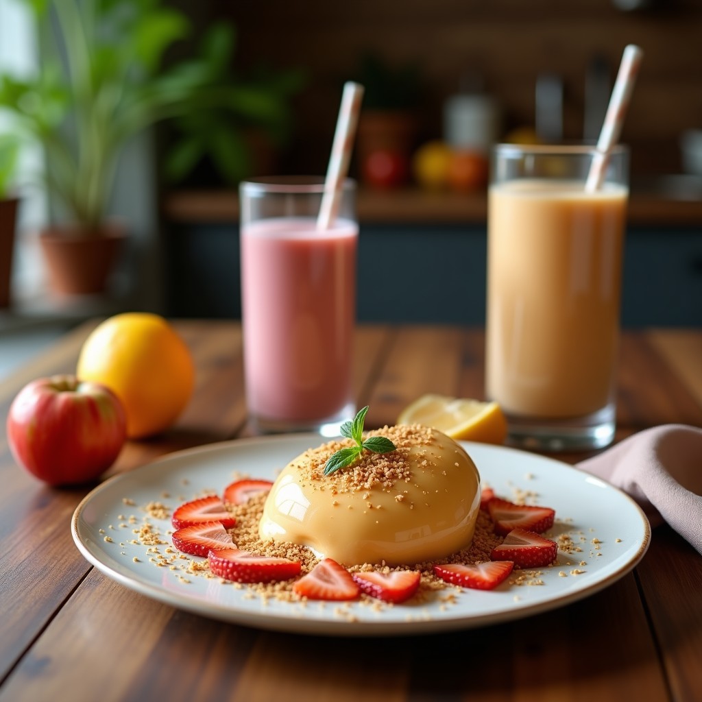 Vaso alto de cristal con smoothie de remolacha y jengibre con avena, color rosado intenso, decorado con semillas de chía y una pizca de canela en polvo. Fondo con ingredientes: remolacha cocida, jengibre fresco, avena y manzana verde. Bebida desintoxicante para el desayuno.