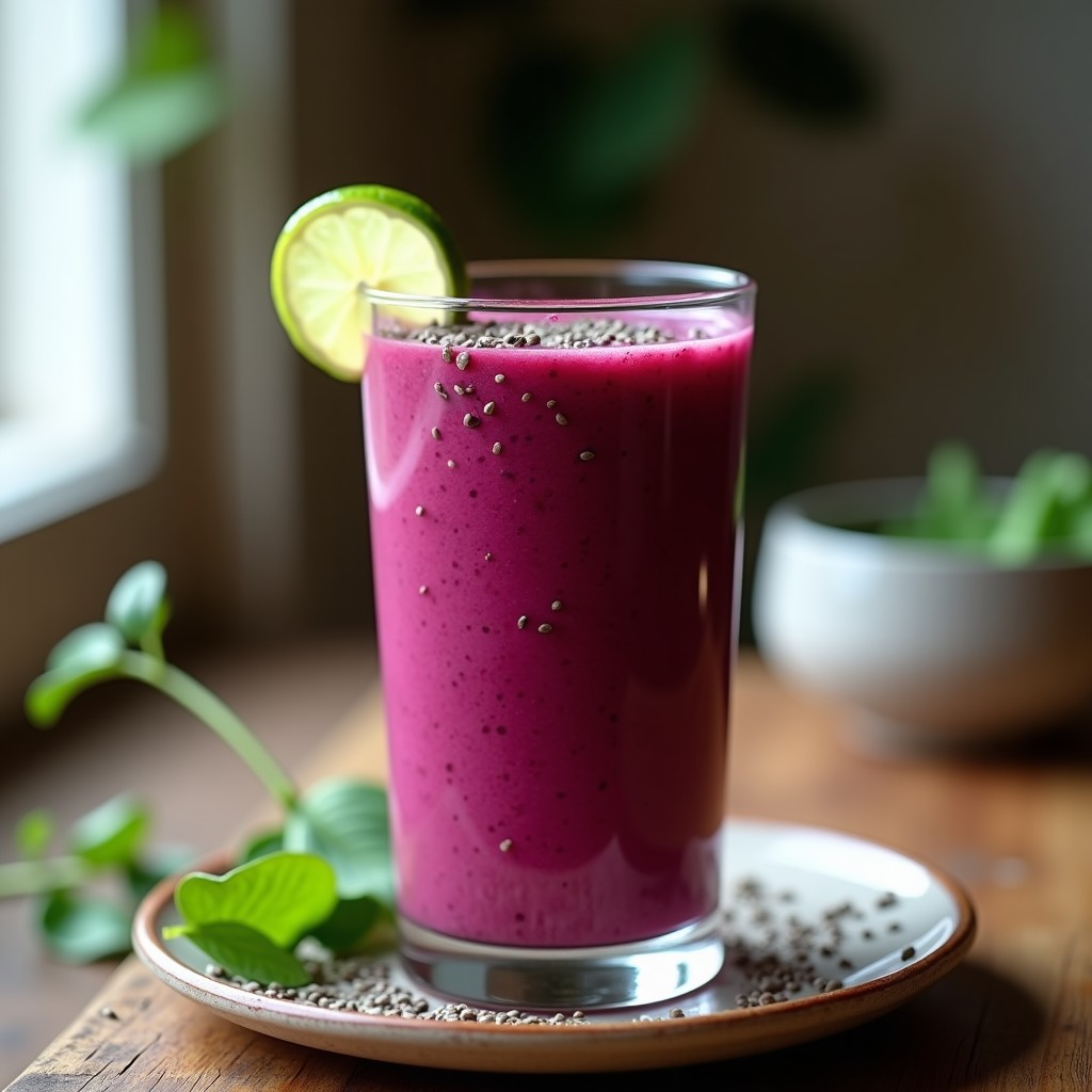 Vaso alto de cristal con smoothie de remolacha y jengibre detox, color morado intenso, decorado con semillas de chía y una rodaja de limón al borde, sobre fondo rústico de madera.