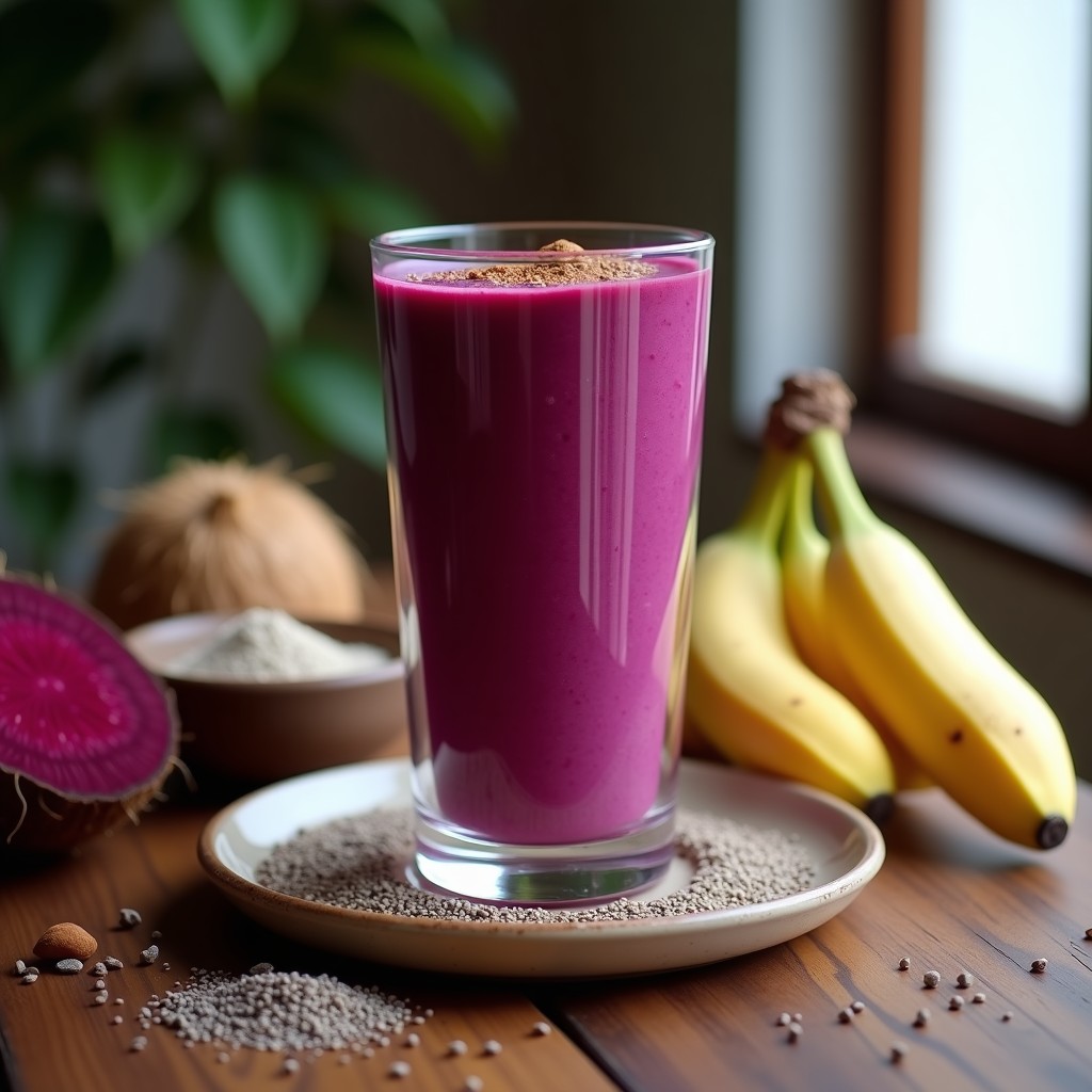 Vaso alto transparente con smoothie de remolacha morada y maca andina, de color morado intenso, decorado con semillas de chía y un toque de maca en polvo. Fondo con ingredientes: remolacha cruda, plátano, jengibre y leche de coco. Iluminación natural que resalta el color vibrante de la bebida energética pre-entreno.