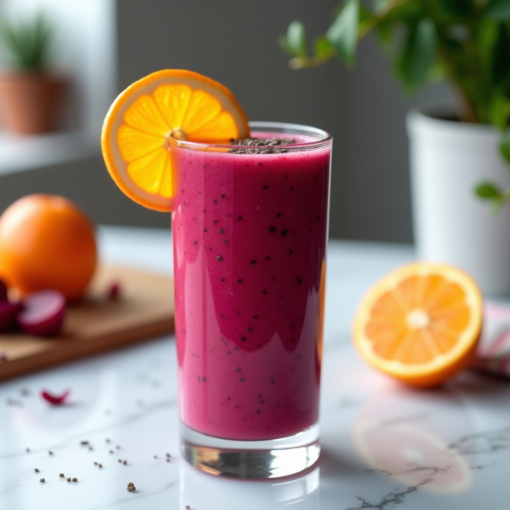 Vaso alto transparente con smoothie de remolacha y naranja de color fucsia vibrante, decorado con rodaja de naranja y semillas de chía, sobre fondo blanco con gotas de agua condensada.
