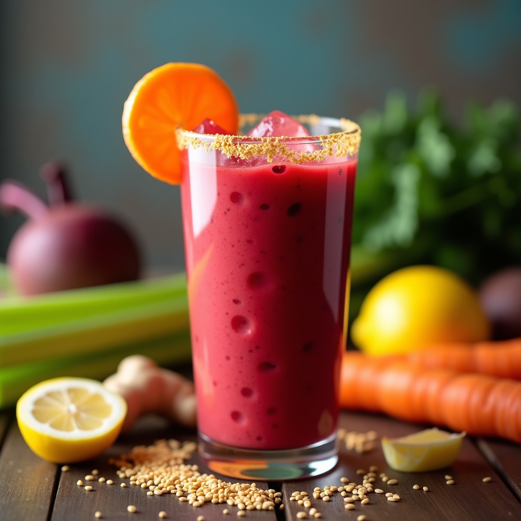 Vaso alto transparente con smoothie de remolacha y zanahoria de color rosa vibrante, decorado con rodaja de limón y hoja de menta, sobre fondo de madera rústica con ingredientes frescos alrededor.