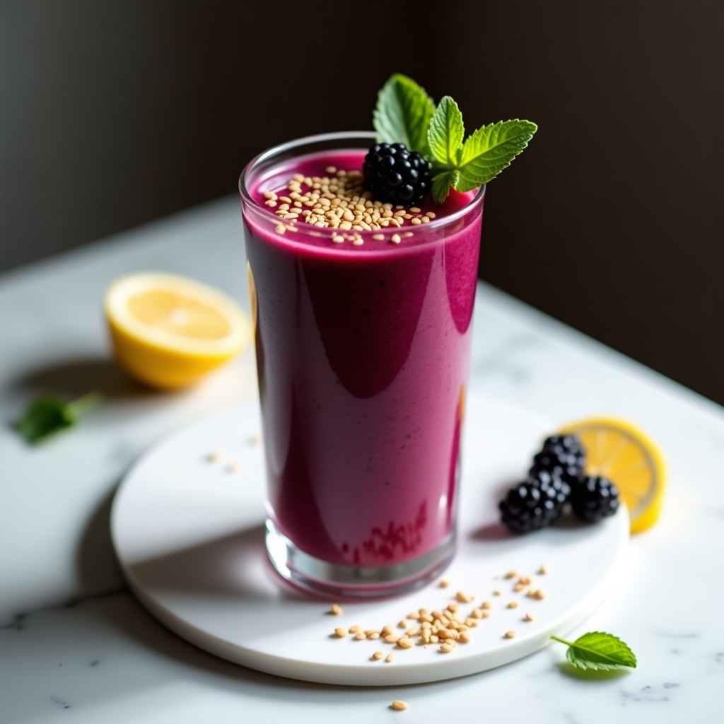 Vaso alto de cristal con smoothie morado intenso de remolacha y zarzamora, coronado con semillas de lino doradas y una rodaja de limón. Fondo con ingredientes frescos: remolacha troceada, zarzamoras y jengibre sobre una tabla de madera.
