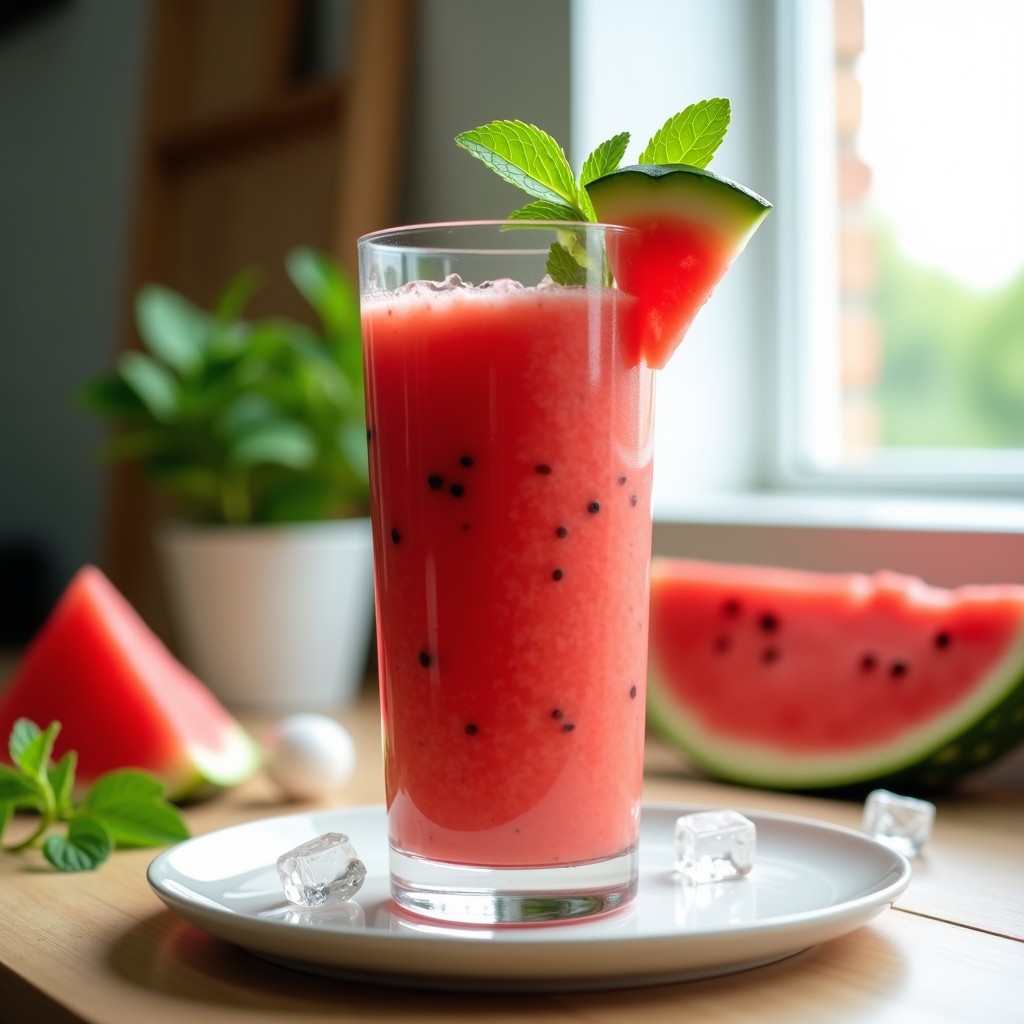 Vaso alto transparente con smoothie de sandía y menta con chía, decorado con rodaja de sandía en el borde, semillas de chía espolvoreadas y una ramita de menta fresca. Fondo desenfocado con cubos de sandía y hojas de menta.