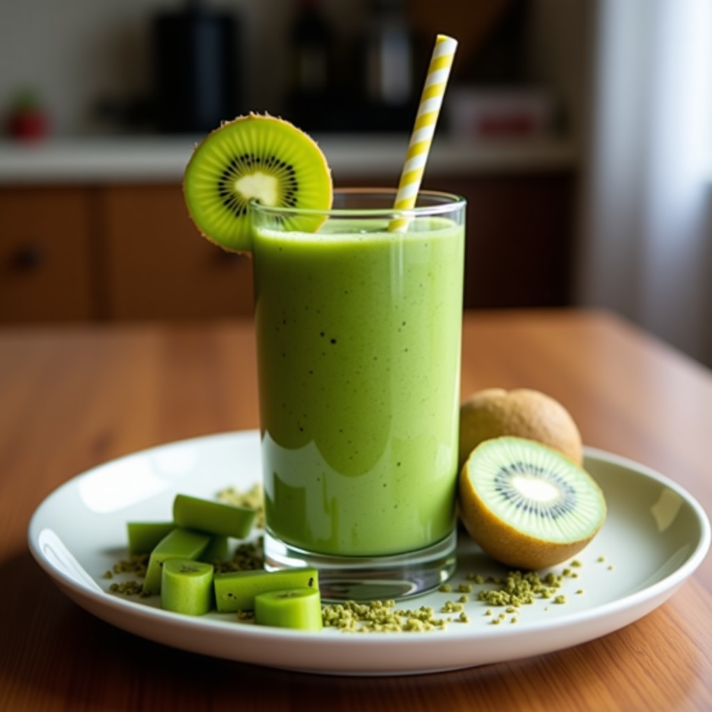 Vaso alto transparente con smoothie verde esmeralda de spirulina y kiwi, coronado con semillas de calabaza tostadas. Fondo con rodajas de kiwi y hojas de menta fresca sobre una superficie de madera clara. Bebida detox y rica en hierro.