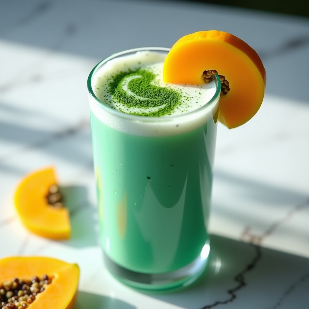 Vaso alto transparente con smoothie verde azulado de algae spirulina y leche de camello, decorado con una pizca de canela y semillas de chía en la superficie. Fondo con ingredientes: plátano, cucharadita de spirulina y trozos de jengibre fresco sobre una tabla de madera rústica.