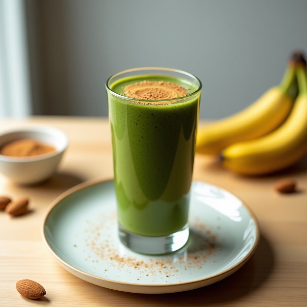 Vaso alto transparente con smoothie de spirulina, plátano y mantequilla de almendras, de color verde oscuro cremoso, decorado con un hilo de mantequilla de almendras y una pizca de canela. Fondo de cocina moderna con plátanos y almendras dispersas.