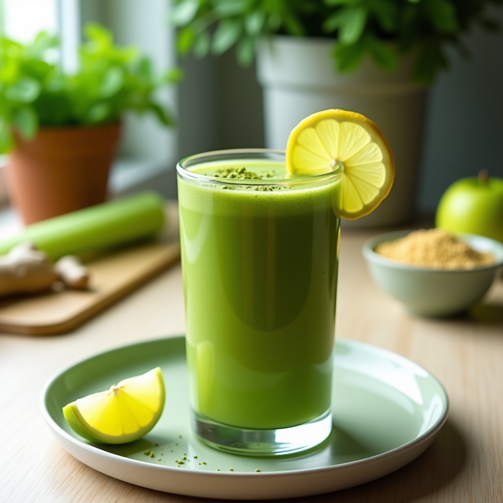 Vaso alto transparente con smoothie verde vibrante de apio y matcha, decorado con rodaja de limón y semillas de calabaza, sobre fondo de madera clara con hojas de apio y cucharita de matcha al lado.
