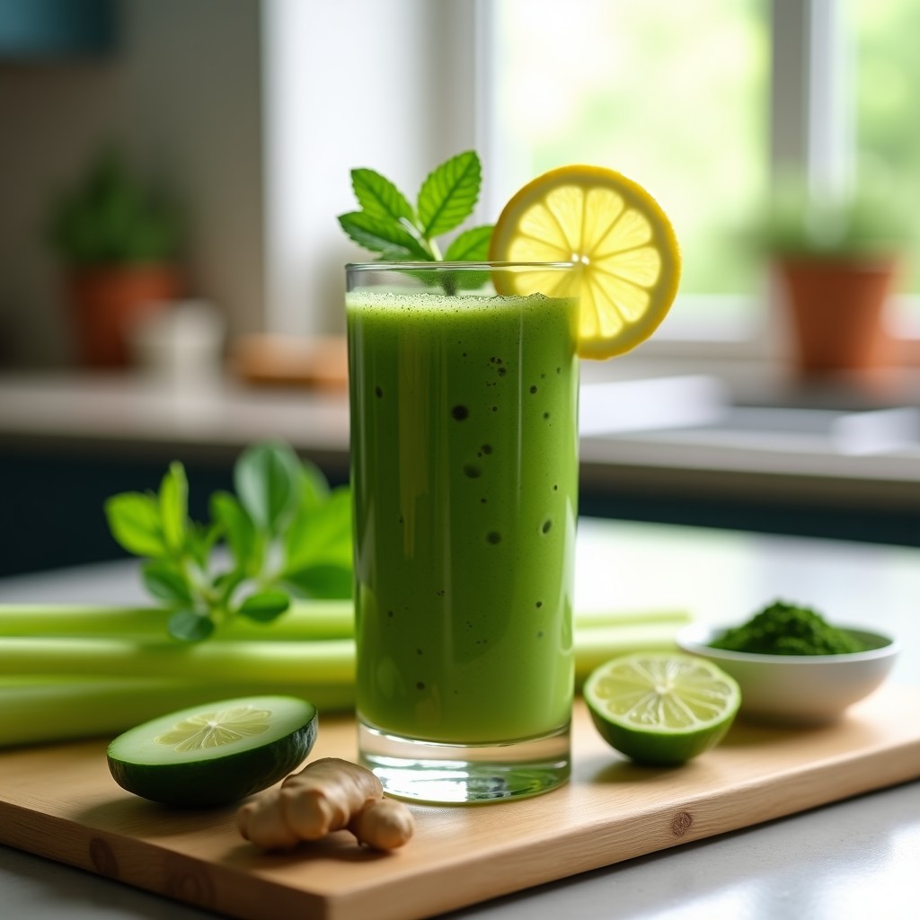 Vaso alto transparente con smoothie verde vibrante de apio, pepino y alga espirulina, decorado con una rodaja de limón y hojas de menta, sobre un fondo de madera clara con ingredientes frescos dispersos.
