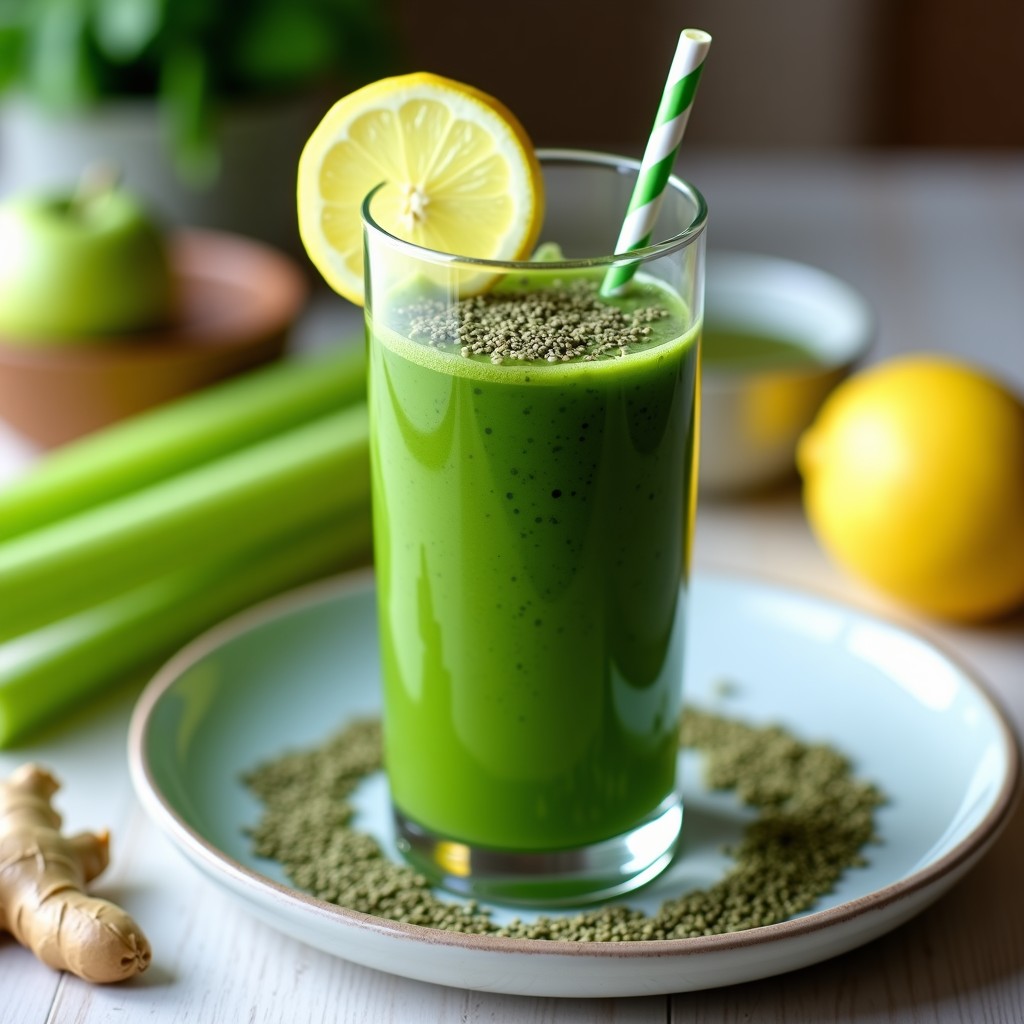 Vaso alto transparente con smoothie verde detox de apio y espirulina, decorado con semillas de chía y una rodaja de limón al borde, sobre fondo de madera clara con ingredientes frescos alrededor.