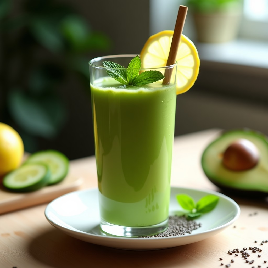 Vaso alto transparente con smoothie verde detox de apio y pepino, servido con pajita de bambú y decorado con rodaja de limón y hojas de menta sobre fondo de madera clara.