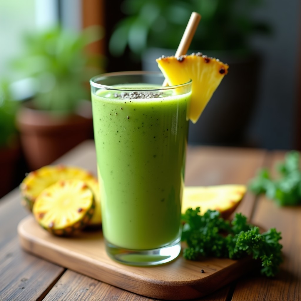 Vaso alto transparente con smoothie verde detox de col rizada, piña y jengibre, servido con una pajita de bambú y decorado con semillas de chía en la superficie.