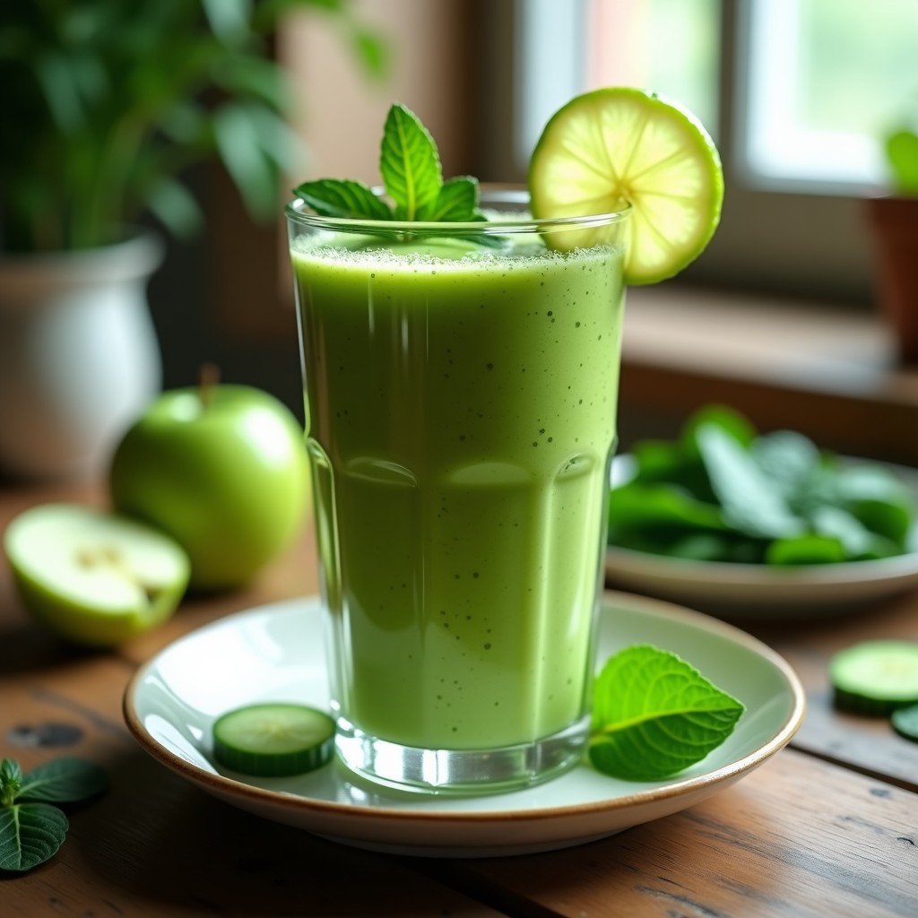 Vaso alto transparente con smoothie verde detox, espeso y cremoso, coronado con rodajas de limón y menta fresca, sobre fondo de madera rústica.