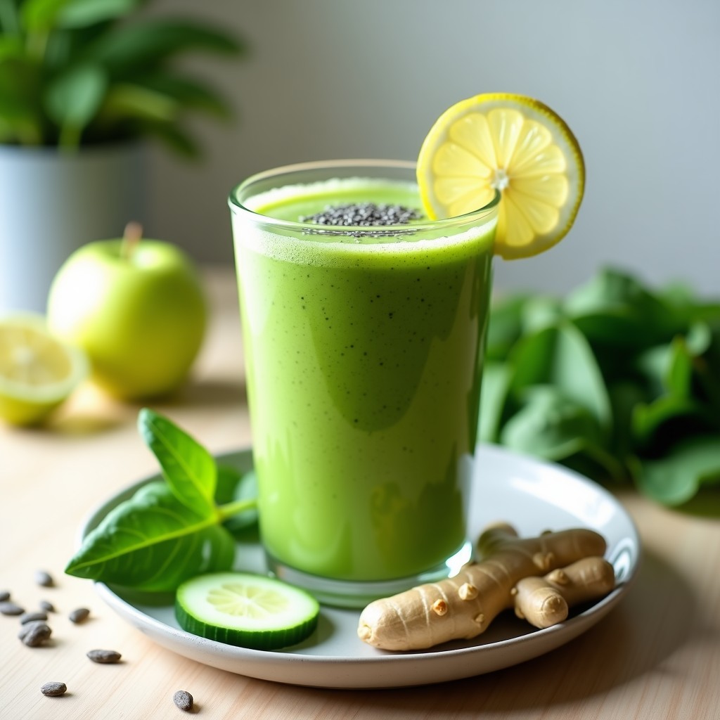 Vaso alto transparente con smoothie verde detox espumoso, decorado con semillas de chía y una rodaja de limón, sobre fondo de madera clara con espinacas y jengibre fresco alrededor.