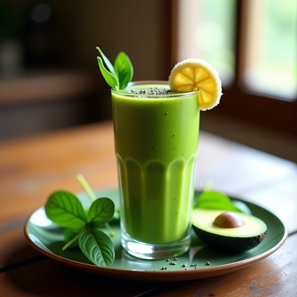 Vaso alto transparente con smoothie verde energético de espinaca y aguacate, decorado con semillas de chía y una rodaja de plátano, sobre fondo de madera rústica.