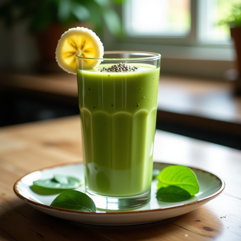 Vaso alto de cristal con smoothie verde energético, espeso y cremoso, decorado con rodajas de plátano y semillas de chía, sobre fondo de madera rústica con hojas de espinaca fresca.