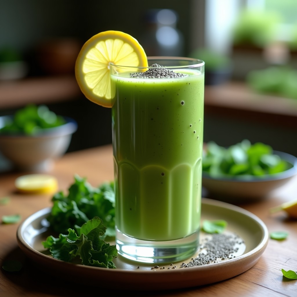 Vaso alto transparente con smoothie verde energético, espeso y cremoso, decorado con semillas de chía y una rodaja de limón, sobre una mesa de madera con hojas de kale y espinacas frescas al lado.