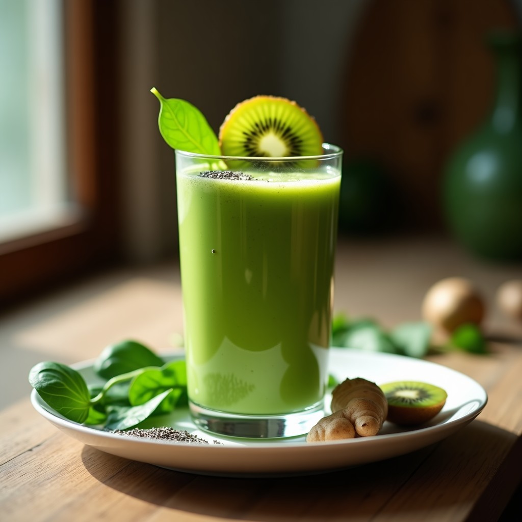 Vaso alto transparente con smoothie verde vibrante, decorado con rodajas de kiwi y semillas de chía, sobre fondo de madera rústica y hojas de espinacas frescas.
