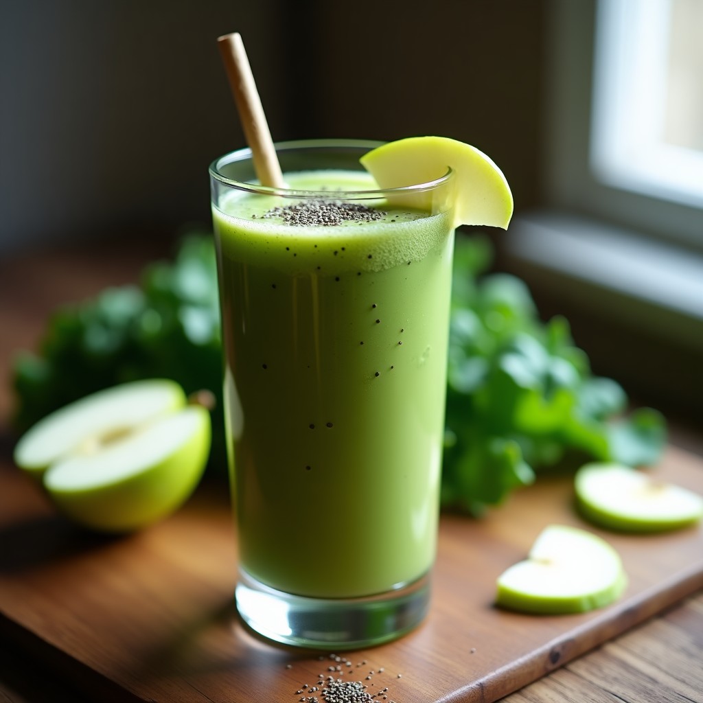 Vaso alto transparente con smoothie verde vibrante, decorado con rodajas de manzana verde y semillas de chía. Receta de smoothie verde energizante con kale y manzana, servido con una pajita de bambú sobre fondo de madera rústica.
