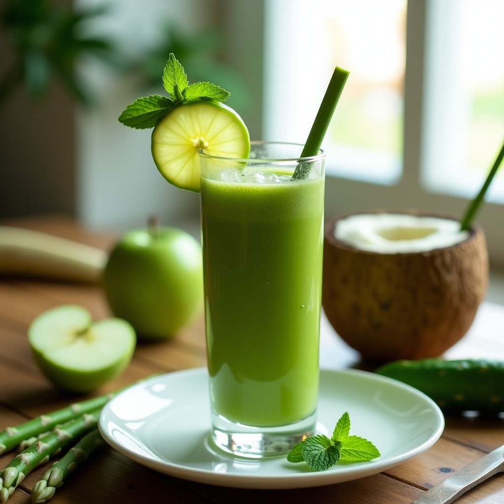 Vaso alto de cristal con smoothie verde de espárrago y manzana, decorado con una rodaja de limón y hojas de menta fresca, sobre una mesa de madera con ingredientes naturales al fondo.