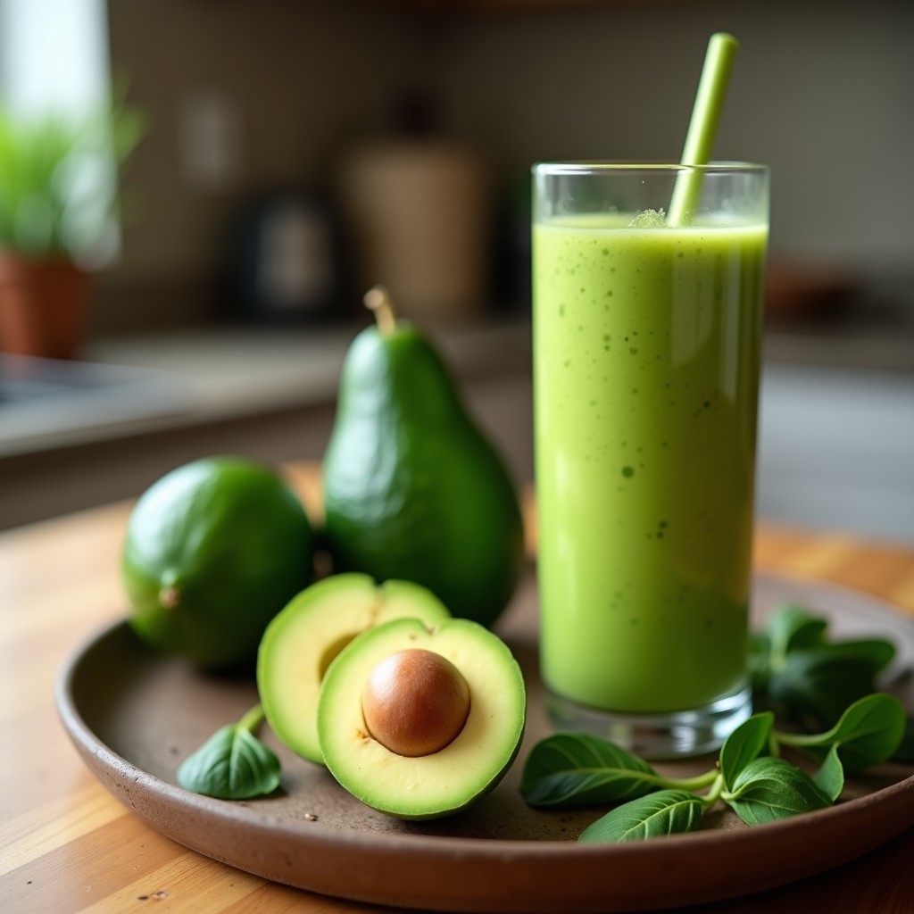Vaso alto transparente con smoothie verde keto de espinaca y aguacate, espeso y cremoso, decorado con semillas de chía y una rodaja de limón al borde. Fondo claro con ingredientes frescos dispersos: espinacas, aguacate y jengibre.