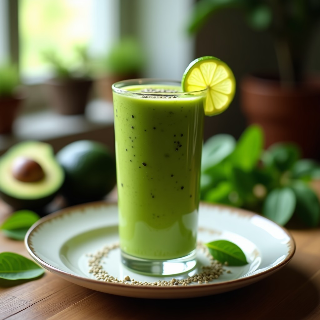 Vaso alto de cristal con smoothie verde cremoso de espinaca y aguacate, decorado con semillas de chía y una rodaja de limón, sobre fondo de madera rústica.