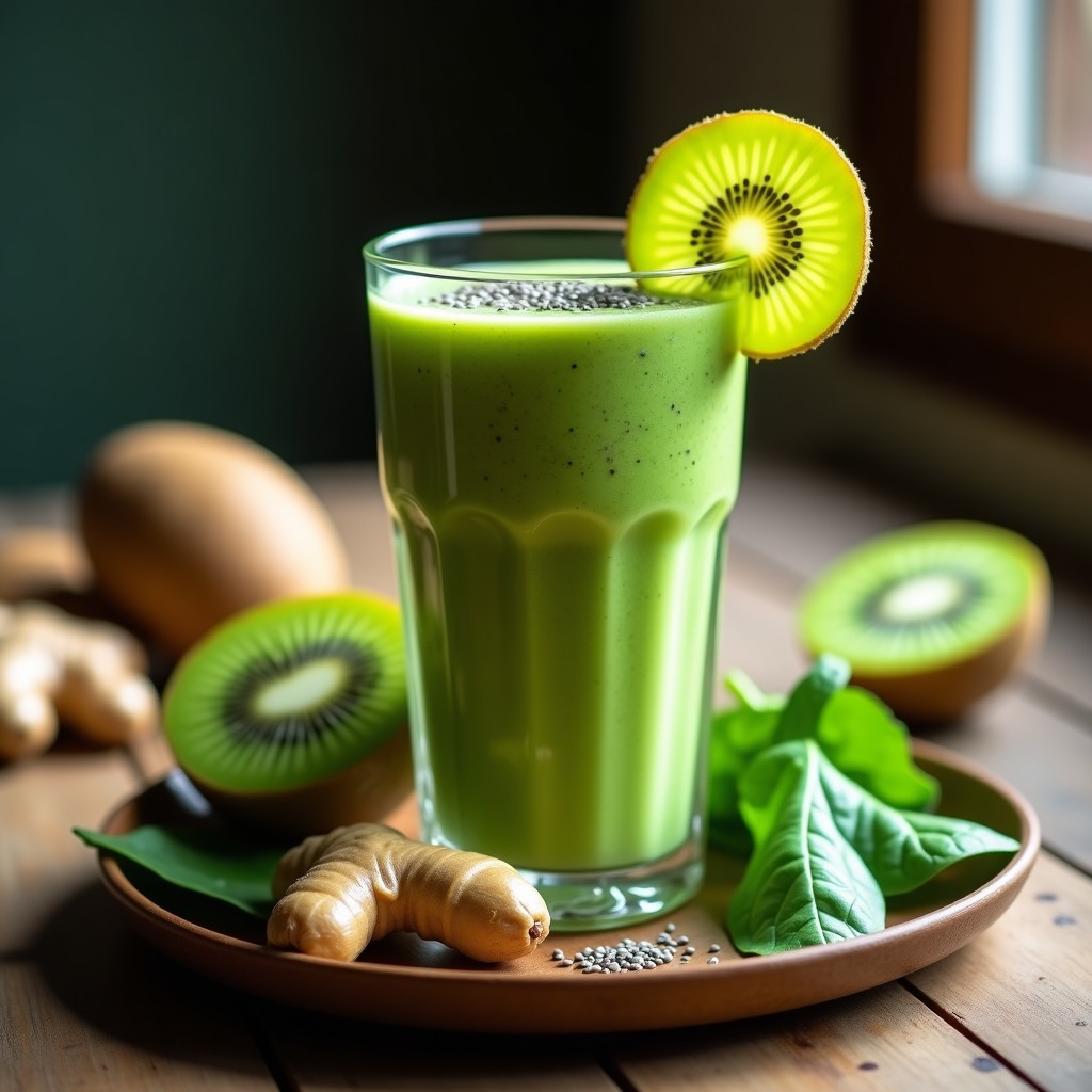 Vaso alto transparente con smoothie verde vibrante de espinaca y kiwi, decorado con rodaja de kiwi y semillas de chía, sobre fondo de madera rústica con hojas de espinaca frescas.