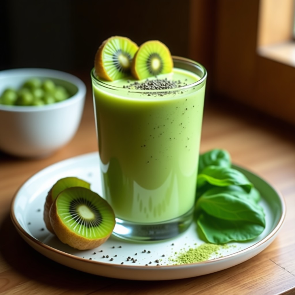 Vaso alto transparente con smoothie verde vibrante, decorado con rodajas de kiwi y semillas de chía en la superficie, junto a hojas de espinaca fresca y un fondo de madera rústica.