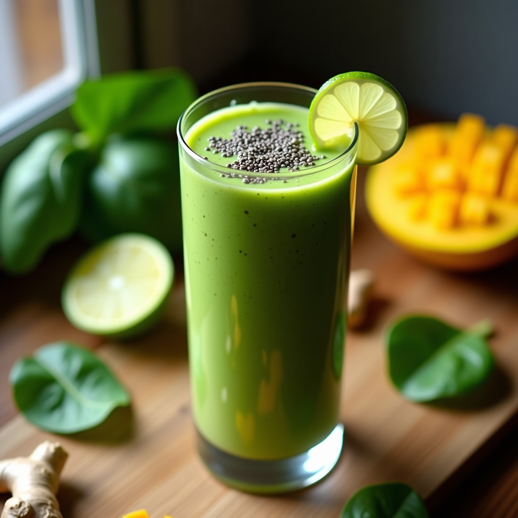 Vaso alto transparente con smoothie verde vibrante, decorado con semillas de chía y una rodaja de limón, sobre fondo de madera rústica con hojas de espinaca y trozos de mango al lado.