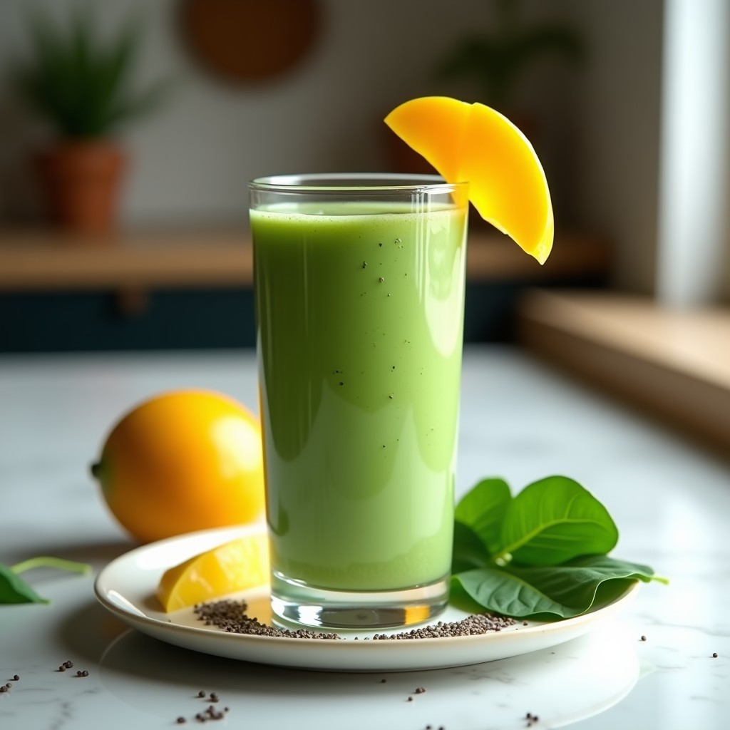 Vaso alto transparente con smoothie verde cremoso de espinaca y mango, decorado con semillas de chía y una rodaja de mango en el borde, sobre fondo blanco con hojas de espinaca frescas.