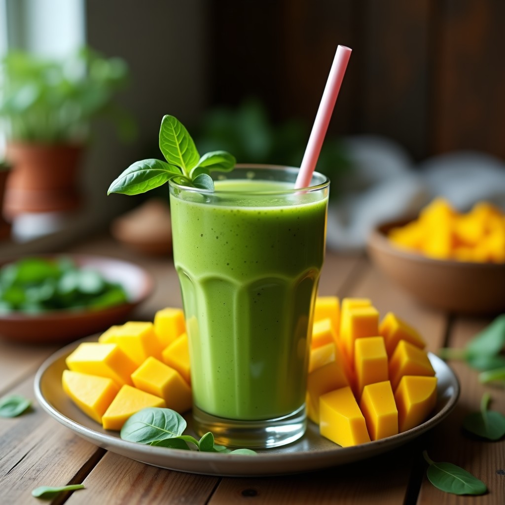 Vaso alto transparente con smoothie verde vibrante de espinaca y mango, servido con una pajita de metal y decorado con semillas de chía y rodajas de mango fresco. Receta de smoothie verde alto en proteína.