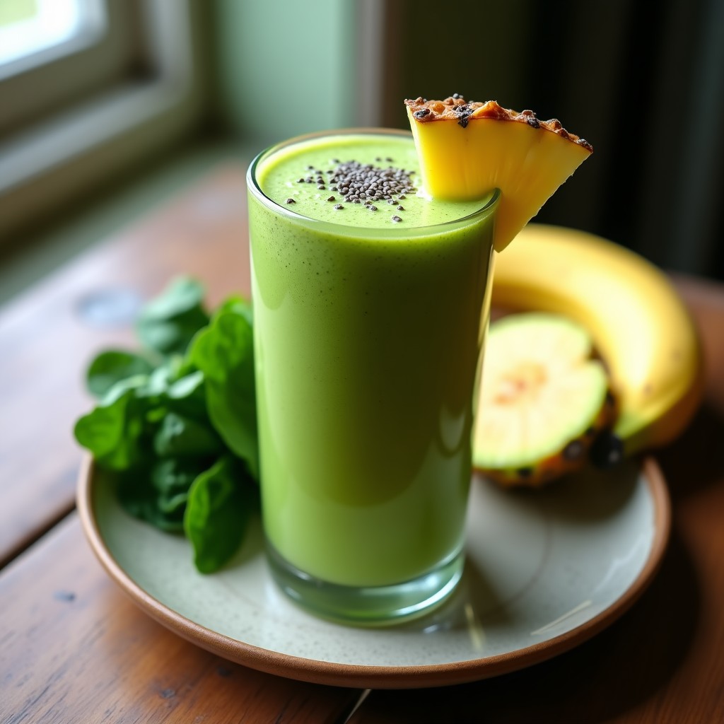 Vaso alto transparente con smoothie verde vibrante, decorado con una rodaja de piña y semillas de chía, sobre una mesa de madera con hojas de espinaca y kale al lado, receta desintoxicante.