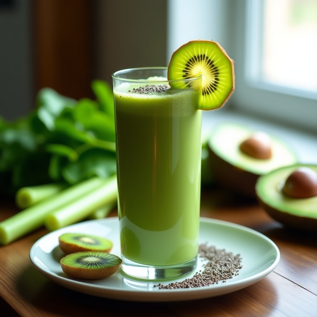 Vaso alto transparente con smoothie verde espeso de kiwi y apio, decorado con una rodaja de kiwi y pizca de canela, sobre fondo de madera rústica con hojas de menta. Bebida detox keto para el metabolismo.